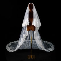 Neue Ankunft Weiß Elfenbein Kathedrale Hochzeit Schleier Perlen Kristalle Braut hochzeit zubehör Veu de noiva Spitze Appliques Schleier