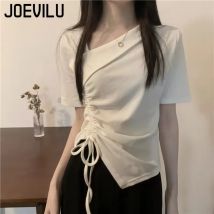 Frauen Unregelmäßige Kordelzug T-shirt Gyaru Schulter Enge Kurzarm Tops Koreanische Mode Süße und Würzige Weiß Slim Fit Y2k T
