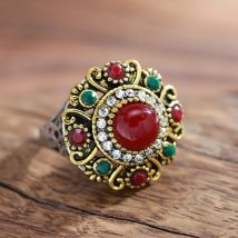 Wbmqda Vintage Runde Kristall Blume Ringe Für Frauen Smaragd Einstellung Antike Gold Feine Gravur Braut Hochzeit Schmuck Geschenk