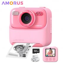 AMORUS Fotocamera per bambini Istantanea 1080P HD Doppia lente Selfie Fotocamera digitale per ragazze Ragazzi Regali di compleanno di Natale Giocattoli con stampa 32G
