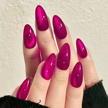 Rosa rossa occhi di gatto mandorla unghie finte semplice manicure fai da te 24 pezzi stampa sulle unghie toppe per unghie finte adesive lucide per le donne