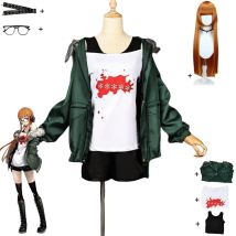 Anime Spiel Futaba Sakura Cosplay Kostüm P5 NAVI Grün Mantel Uniform Gläser Perücke Frau Sexy Karneval Halloween Anzug