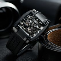 OBLVLO Mode Schwarz PVD Barrel Form Skeleton Automatische Uhr Gummiband Wasserdichte Mechanische Sport Uhren Für Männer GM