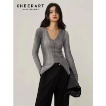 CHEERART Designer Farbverlauf Grau Langarm Gestrickte Top V-ausschnitt Pullover Frauen Pullover Strickwaren Herbst Kleidung 2024 Frauen