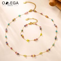 Bohemia Edelstahl dünne Kette Halskette Armband 18 Karat vergoldet mit mehrfarbigen Steinperlen Halsketten Armbänder für Frauen