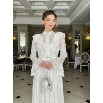 Elegante Haken Blume Hohle Spitze Splice Kleid Herbst Kleidung Frauen Einreiher Maxi Lange Kleider Abend Party Kleid Vestidos