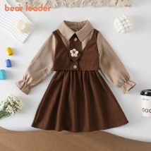 Bear Leader Frühling und Herbst Retro College-Stil Mädchen Kleidung Spleißen Kleid Langarm Blume dekorative Kleid 2-7 Jahre alt