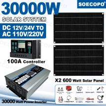SOECOPO 30000W Peak Solar System Kit-2*600W Photovoltaic Panels 12V 24V To 110V/220V Inverter and 100A Controller for RV Home