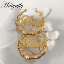 Haiyufly 30-100mm Custom Name Bamboo Earring for Women Jewelry Stainless Steel Personalized Letter Hoop Earring Birthday Gift