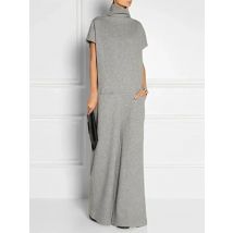 UOOZEE Women's Solid Color High Neck Pockets Elegant Maxi Dresses 2025 New Summer Short Sleeves Loose Urban Casual Long Dress