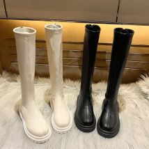 Frauen Plattform Stiefel 2022 Frühling Gothic Schuhe Lange Stiefel Frauen Mode Schwarz Beige Mittlere Waden Stiefel Runde Zehe Slip auf reiten Stiefel