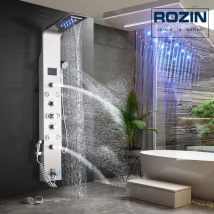 Panel de ducha de baño con luz LED, sistema de columna de ducha LCD inteligente con 6 modos, grifo mezclador de baño con chorro de masaje en cascada de lluvia