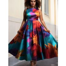 Abito canotta stampato floreale per donna girocollo pieghettato a-line abito lungo femminile estivo vintage casual elegante etnico senza maniche