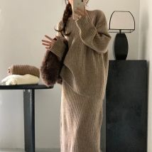 Herbst Winter Neue Mode frauen Einfarbig Lose Beiläufige Trendy Einfache Grundlegende Gestrickte 2-teiliges Sets Oansatz Pullover Röcke weibliche