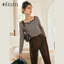 OLrain French Striped Long-sleeved T-shirt Women's Autumn 2026 New Slim-fitt Square Collar Tees Fashion Commute Tops O22QT63283