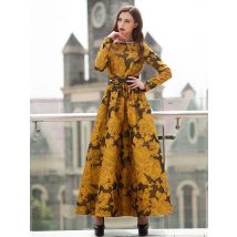 Elegante Frauen Blumen lange Maxi kleid Jacquard Abend party Boho Herbst Winter Vintage Kleid Damen A-Linie Robe