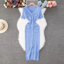 YuooMuoo 2026 Neue Ankunft Frauen Gestrickte Lange Kleid Elegante V-ausschnitt einreiher Split Pullover Kleid Büro Dame Vestidos