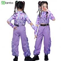 LOlanta Dance Costume for Kids Girl Top+Pants Sequins Outfit Hip Hop Jazz Clothing Team Performance Set Purple 4-16 Years