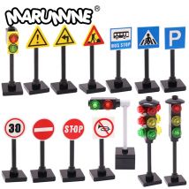 Marumine Traffic Road Sign Light Lamp MOC Block Brick Parts City Street View Akcesoria budowlane Bariera Ostrzeżenie o ograniczeniu prędkości