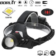 BORUiT 2000LM XHP50 LED Zoomable Lampada frontale Mirco USB ricaricabile Faro da campeggio impermeabile Torcia da pesca
