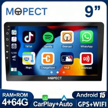 MOPECT Radio Multimedia para Auto de 9 Pulgadas 2 DIN Android 15 4+64G, CarPlay Universal, Android Auto, Navegación GPS, Radio AM, DAB+ y Cámara para Auto