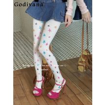 Japanese Original Colorful Star Lolita Velvet Pantyhose Sweet Cute Girl White Printed Tights