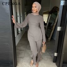 Two-piece Modest Islamic Wear Set for Women Ramadan Arabic Muslim Top and Pant Set Elegant Dubai Waist-defining Travel Outfit