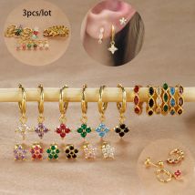 3PCS Edelstahl Zirkon Huggies Hoop Ohrringe Set Für Frauen Gold Farbe Blume Knorpel Piercing Ohrring Erklärung Schmuck