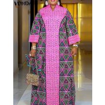 Frauen Floral Bedruckte Maxi Kleid 2025, VONDA Herbst Lange Hülse Lose Lange Robe Böhmischen Vestidos Oversize V-ausschnitt Sommerkleid Baggy
