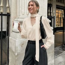 Talenza Weibliches Hemd mit V-Ausschnitt, elegantes, langärmeliges Chiffon-Hemd, modisch, lässig, Büro, Dame, Schal, Band, Hemd, Damenblusen, Top
