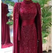Burgunderrote, mit Perlen besetzte muslimische Abendkleider mit Cape-Ärmeln, arabische Dubai-Damen-Partykleider, elegant für Hochzeiten, individuell gestaltet