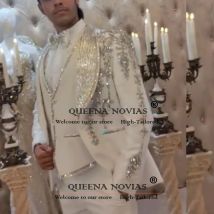 Exquisiter Schmuck, Diamant-Perlen-Anzüge für Herren, glitzernde Schal-Revers-Abschlussball-Blazer, maßgeschneiderte 3-teilige Kleider für die Hochzeit des Bräutigams