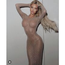 STOCK Sparkly Luxury Rhinestones Mesh See Through Dresses Women 2024 Birthday Evening Party Long Sleeves Sexy Nightclub Outflt