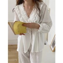 Alien Kitty Korean Autumn Lace Elegant Solid Color 2023 Pajamas Suit Women Cotton Sweet Palace White Sets Style Home Clothes