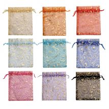 50Pcs 7x9 9x12 10x15 13x18cm Gold Color Eyelash Pattern Organza Jewelry Pouches Party Wedding Candy Pack Drawstring Gift Bag