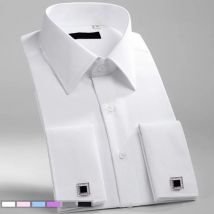 Camicia da uomo classica con polsini francesi, abito sociale, formale, business, vestibilità standard, manica lunga, festa di nozze, lavoro d'ufficio, camicie bianche