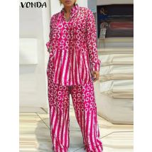 2024 Herbst passende Sets Vonda Frauen Sets V-Ausschnitt Langarm Polka Dot gestreifte bedruckte Bluse und lässige lange Hosen Anzüge 2St