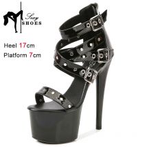 Black Hollow Out Heel Nightclub Stage Sandals Rivet Belt Zip Summer Roman Women Shoes 17CM/7Inchs Model Sexy Wedding High Heels