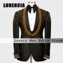Formale glitzernde Perlenanzüge für Herren, 3-teilig, Jacquard-Hochzeits-Party-Outfits, individuelle Weste, Blazer, Hosen, Jaqueta Masculina Couro