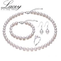 Echte Braut Süßwasser Perlen Schmuck Sets Frauen, weiße natürliche Perle Halskette Ohrring Sets Silber Geburtstag
