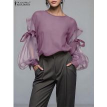 ZANZEA Elegant Bow Women Blouse 2025 Autumn Fashion Mesh Patchwork Long Lantern Sleeve Casual Tops Shirts Korean Ladies Blusas