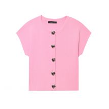 2025, Sommer, neues Produkt, Damenbekleidung, modisches und vielseitiges Strickoberteil mit Herzknopf und Rundhalsausschnitt und kurzen Ärmeln