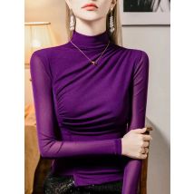 Frühling Herbst T Shirts Weibliche Lange Hülse Rollkragen Einfarbig Schlank Top frauen Kleidung Falten Mesh Tops Mädchen T-shirt
