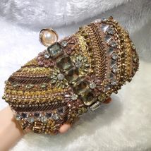 SHELKSBAG Damen-Abendtaschen mit Stein und schweren Perlen, Vintage-Stil, braunes Wildleder, Strass, Metall, für formelle Veranstaltungen, Clutch, luxuriöse Party-Geldbörse
