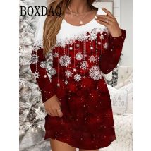 Herbst Winter Frauen Kleider Weihnachten Schneeflocke Druck Kleid lässige Party kleidung Langarm Frauen lose A-Linie Mini kleider