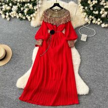 Elegante lange Ärmel Vintage O-Ausschnitt schicke bestickte Perlen Pailletten 3D Blumen schlanke Plissee Kleider Abend Herbst Frauen Kleidung
