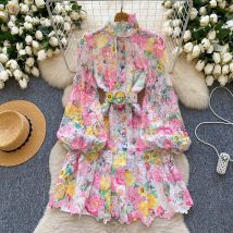 Frauen Sexy Vintage Haken Blume hohle Spitze Laterne Ärmel Einreiher O Neck Kleid elegante lange Ärmel schlanke Minikleid