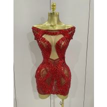 2025 Shining Red Rhinestones Sexy Mesh See-Through Mini Dress Women Celebrate Evening Prom Birthday Party Dress Stage Shoot Wear