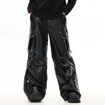Rock-Lederhose, verdickte High-Street-Plisseehose mit mehreren Taschen, lockere, gerade Hose für Herren
