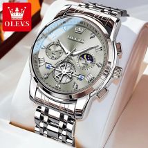 OLEVS Herrenuhren, klassisches multifunktionales Schwungrad-Design, Edelstahl, wasserdicht, Mondphase, Herren-Armbanduhren, 2024, Trend